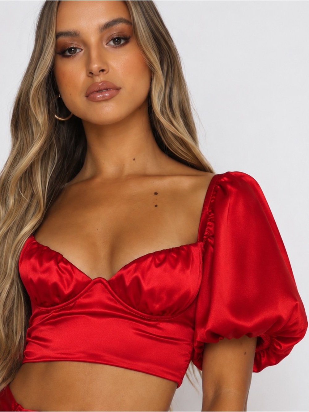 White Fox Boutique Red Satin Puff Sleeve Crop Top